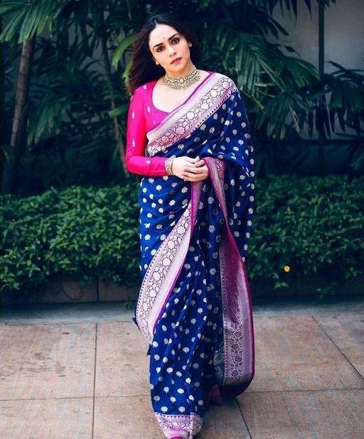 Silver Design Spread Navy Blue Soft Silk Saree