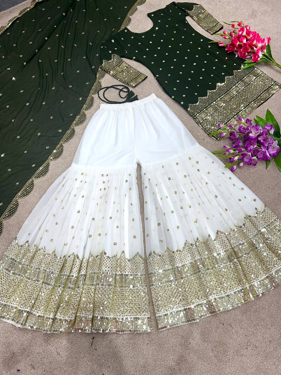Lovely Green Color Sequence Embroidered Sharara Suit