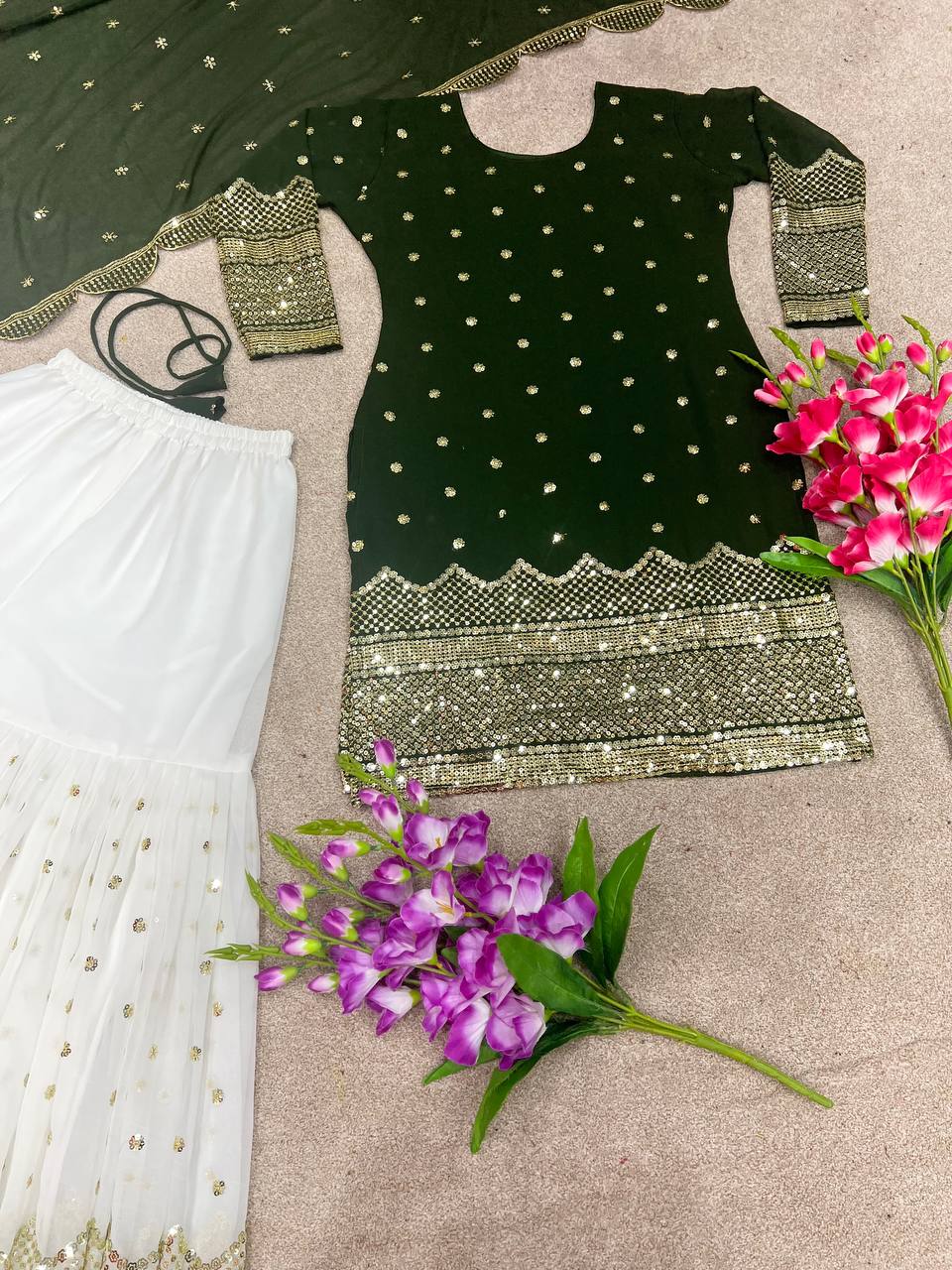 Lovely Green Color Sequence Embroidered Sharara Suit