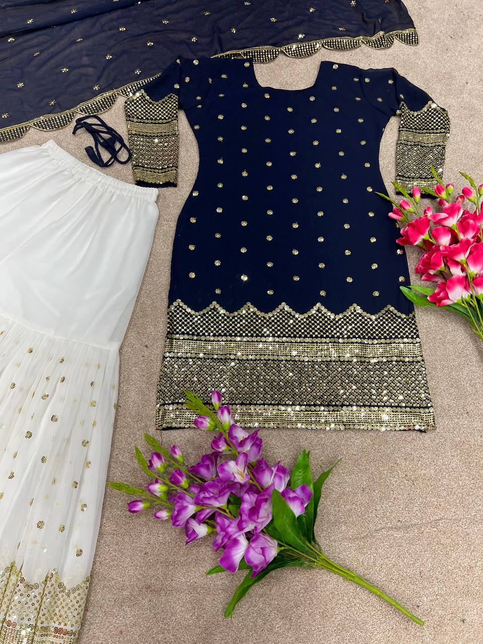 Lovely Navy Blue Color Sequence Embroidered Sharara Suit
