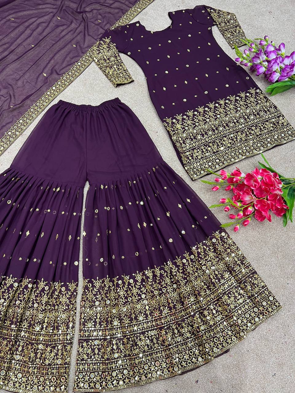 Awesome Embroidery Sequence Purple Color Sharara Suit