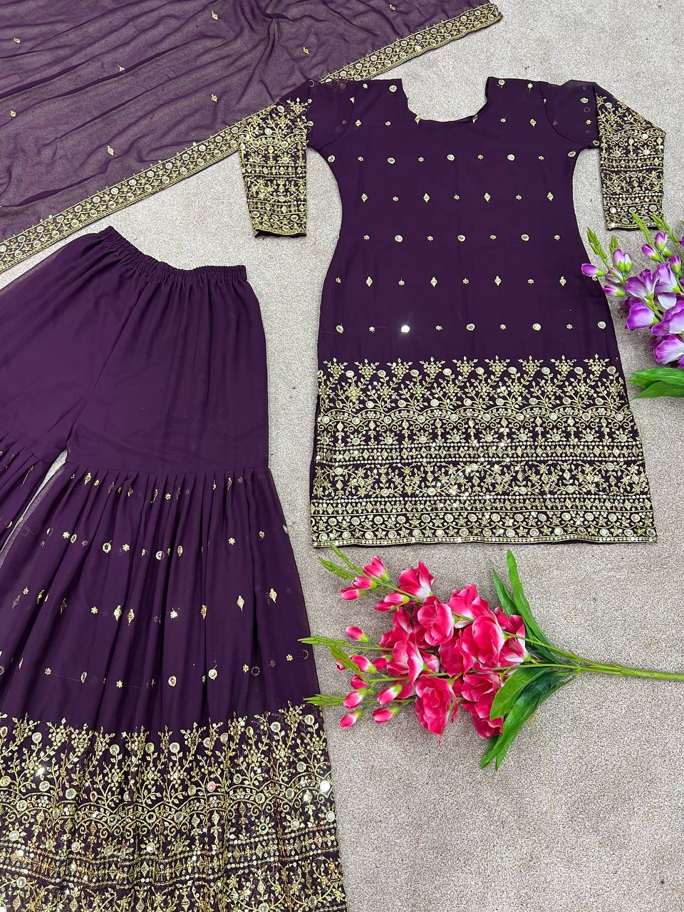 Awesome Embroidery Sequence Purple Color Sharara Suit
