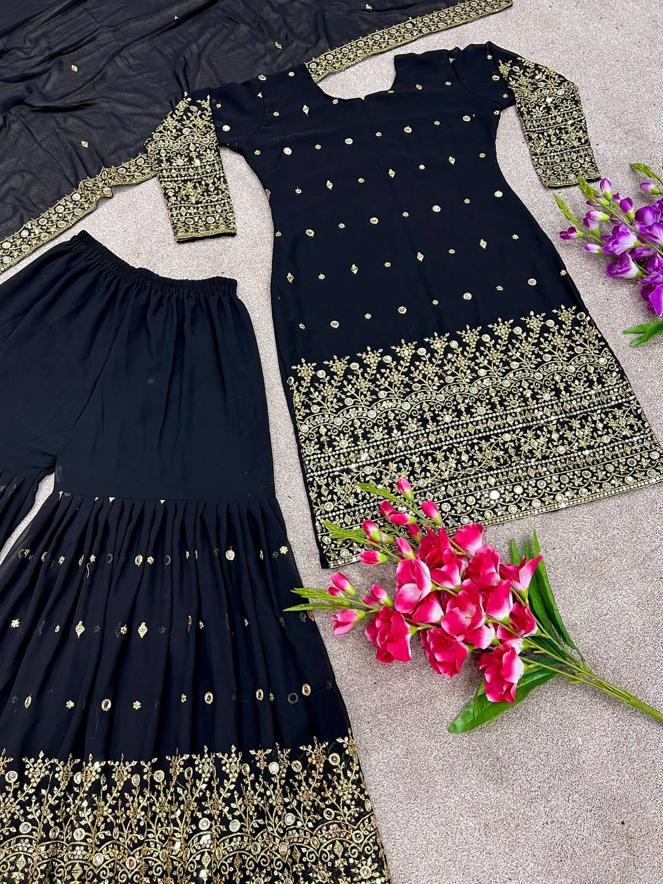 Awesome Embroidery Sequence Black Color Sharara Suit
