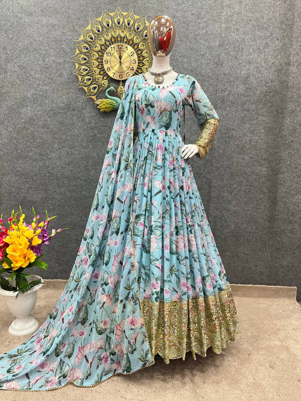 Sky Blue Color Embroidery Work Digital Print Gown