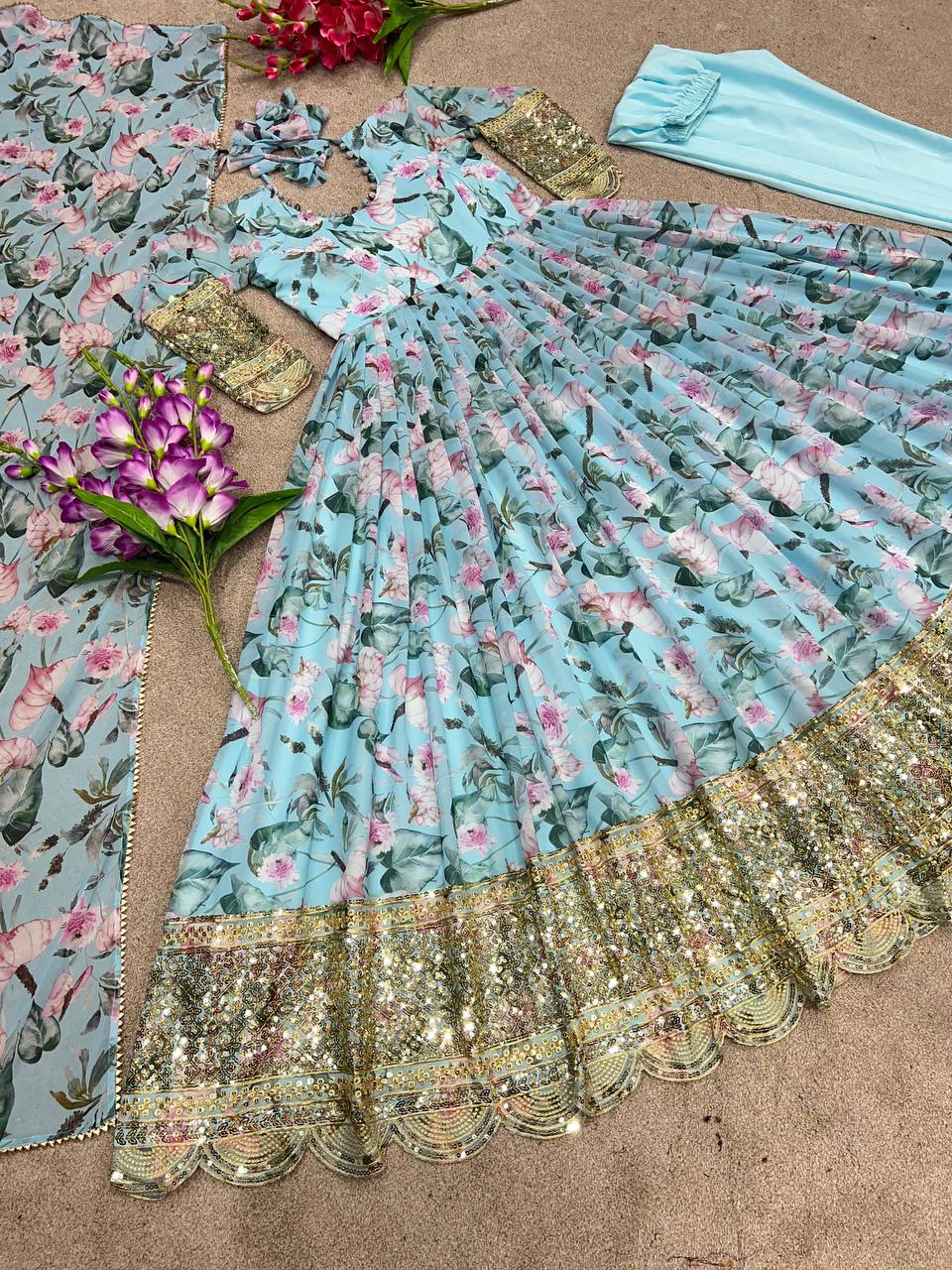 Sky Blue Color Embroidery Work Digital Print Gown