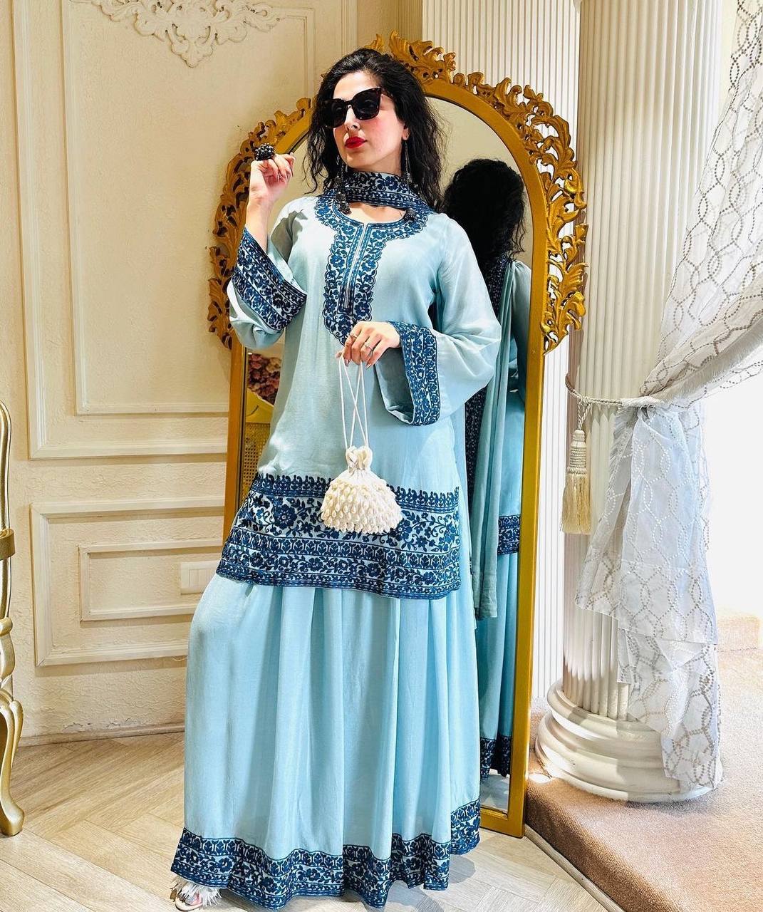Pretty Sky Blue Color Embroidery Work Palazzo Suit