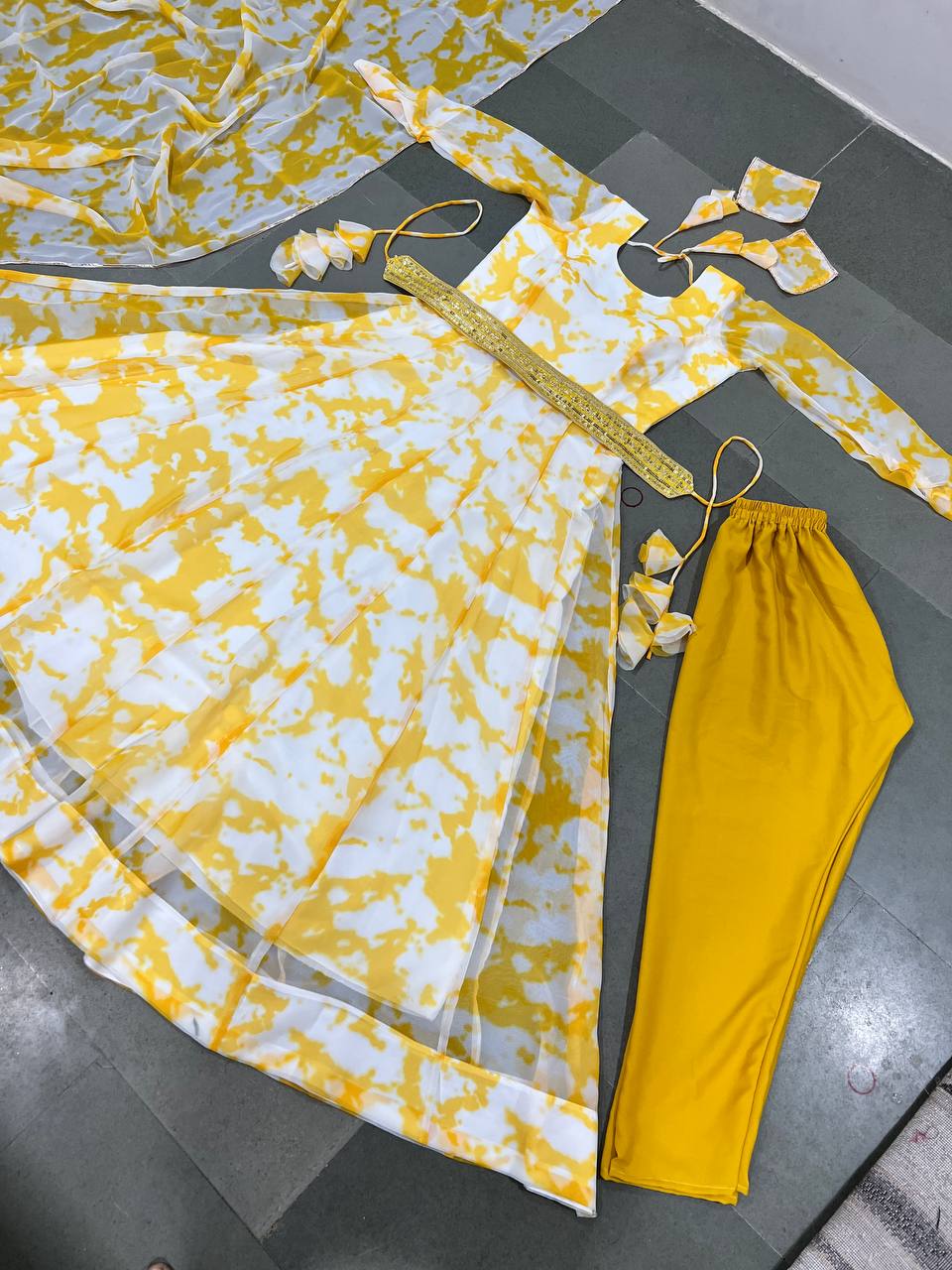 Shibori Print Yellow Color Anarkali Gown With Belt