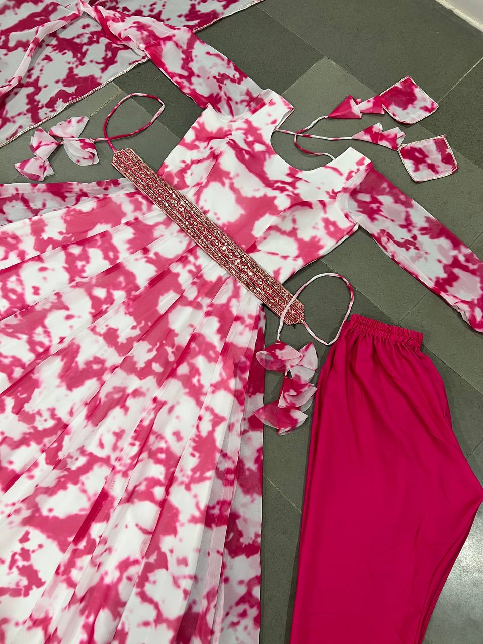 Shibori Print Pink Color Anarkali Gown With Belt