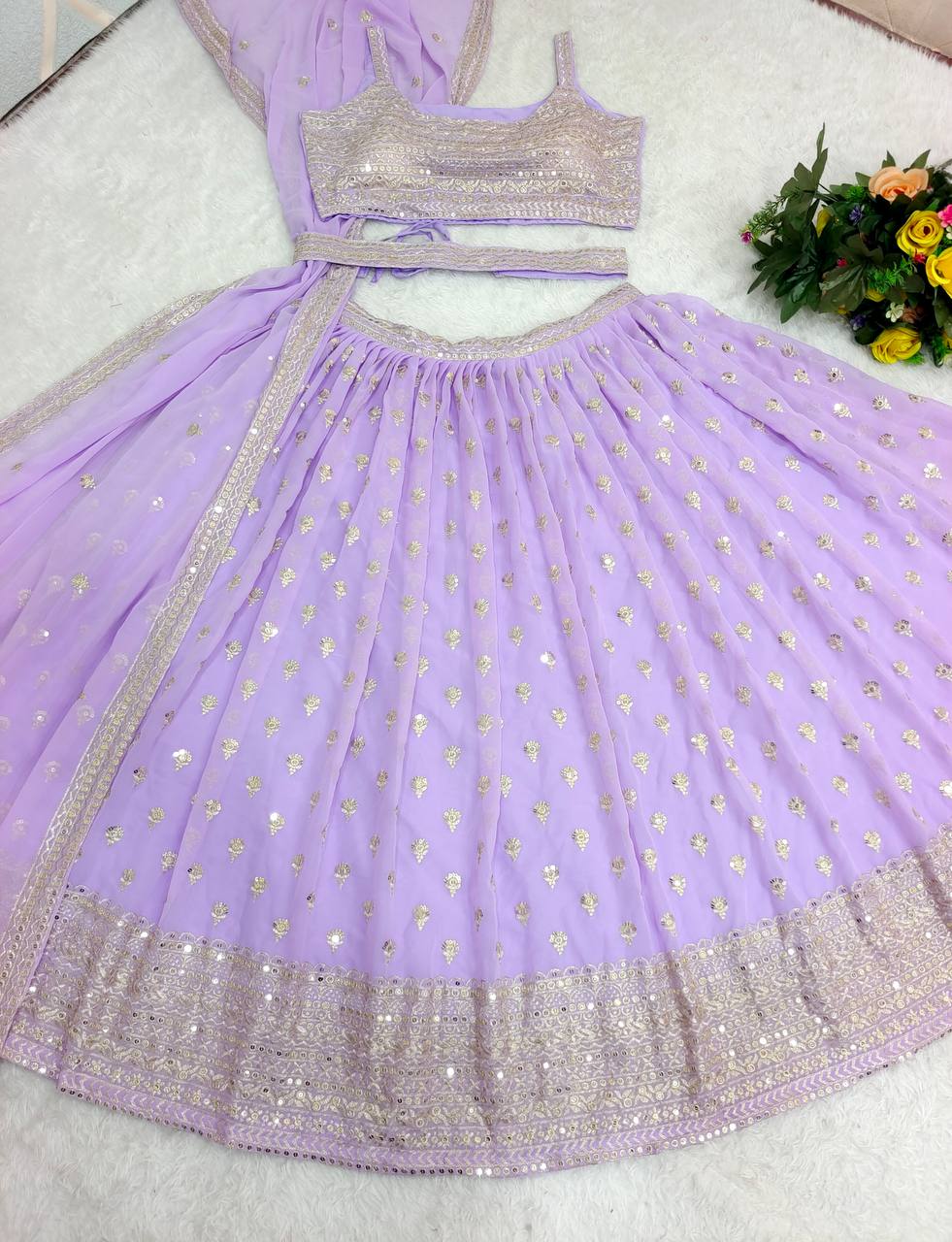 Lavender Color Sequence Embroidery Work Lehenga Choli