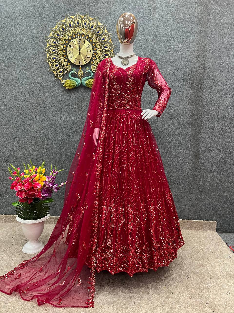 Gorgeous Shine Sequence Work Red Color Gown