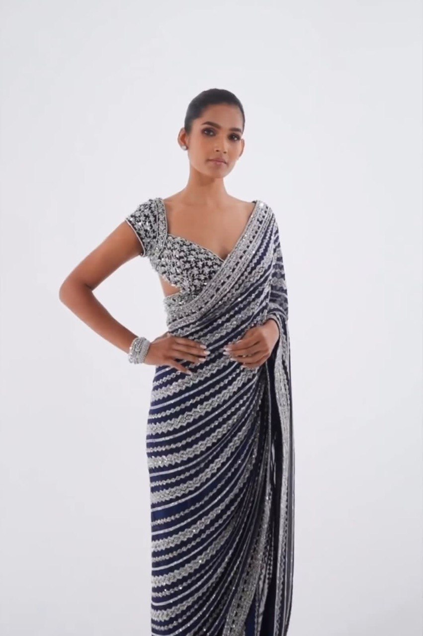 Embellished Sequence Navy Blue Color Saree