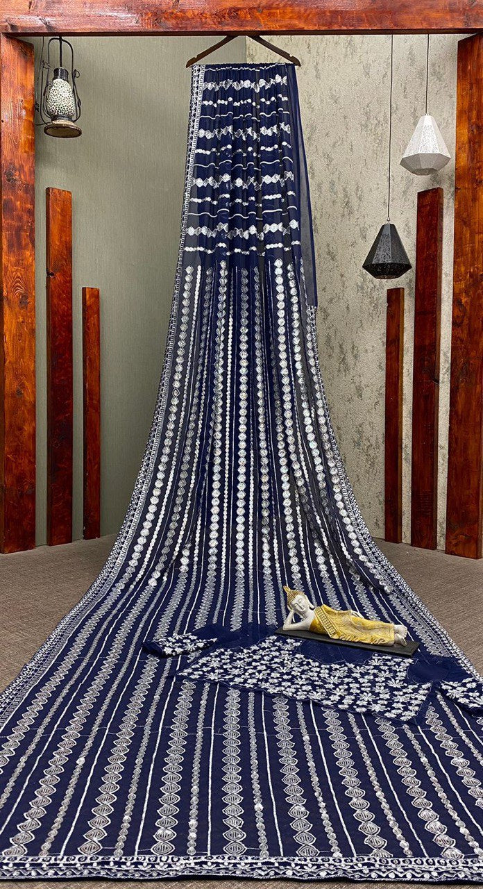 Embellished Sequence Navy Blue Color Saree
