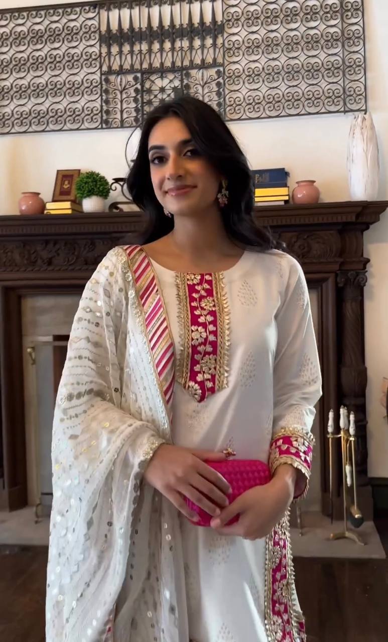 White Color Sequence Work With Border Sharara Suit
