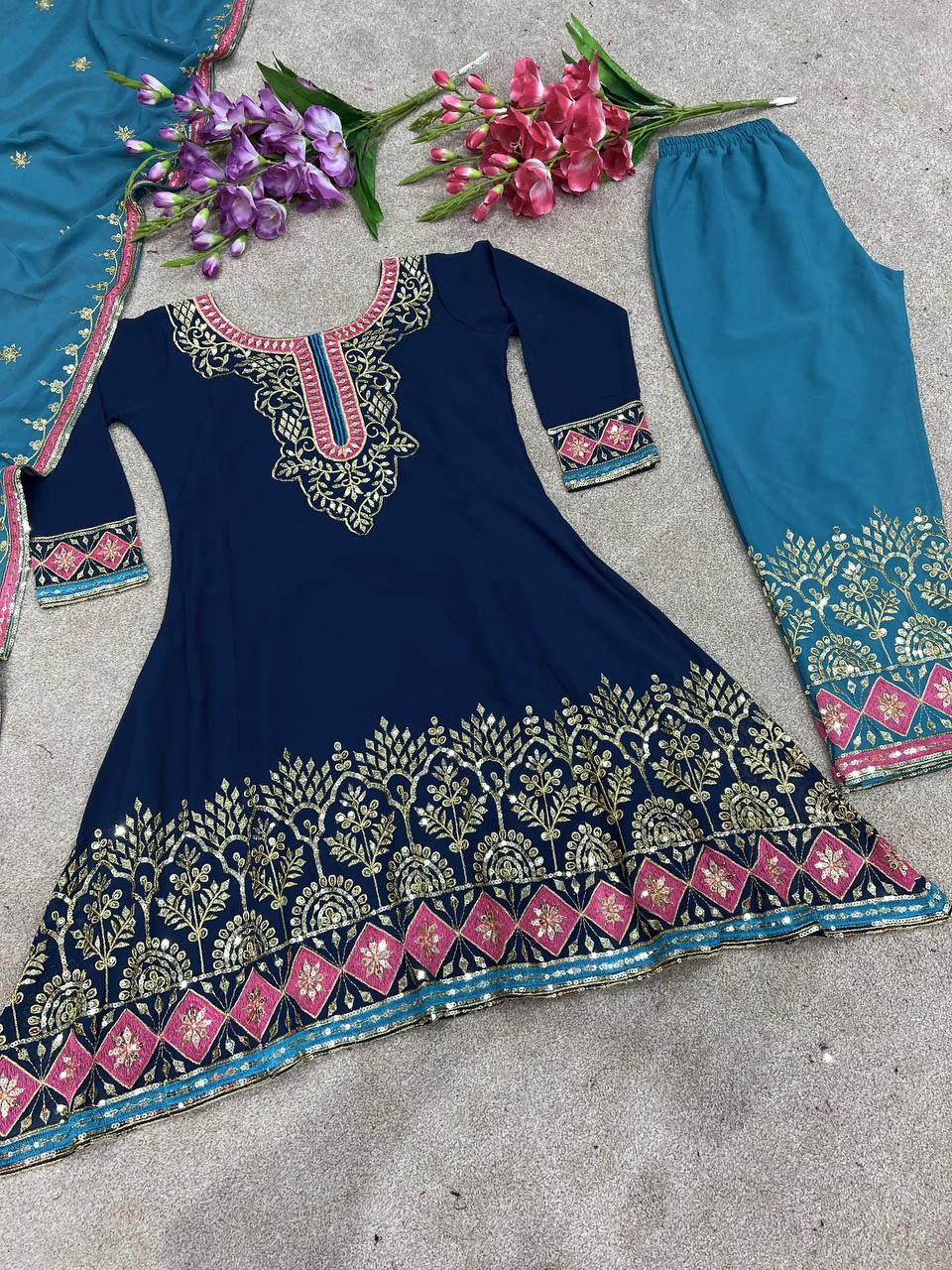 Navy Blue Color Embroidery Work Palazzo With Top