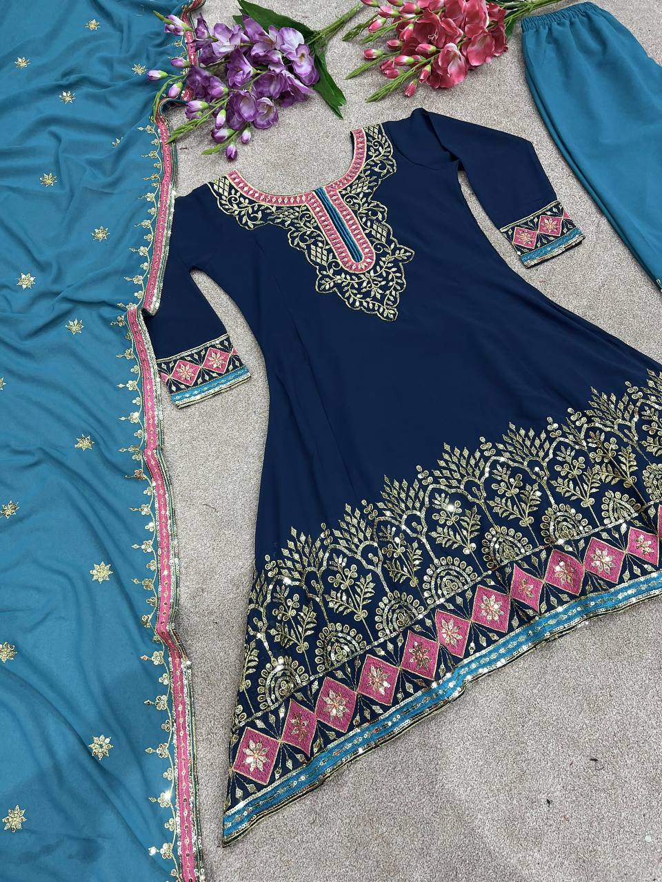 Navy Blue Color Embroidery Work Palazzo With Top