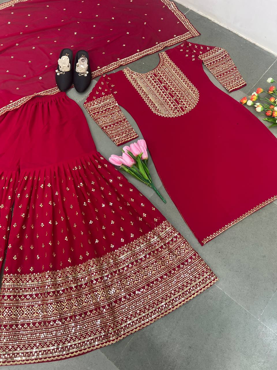 Captivating Dark Pink Color Sequence Work Sharara Suit