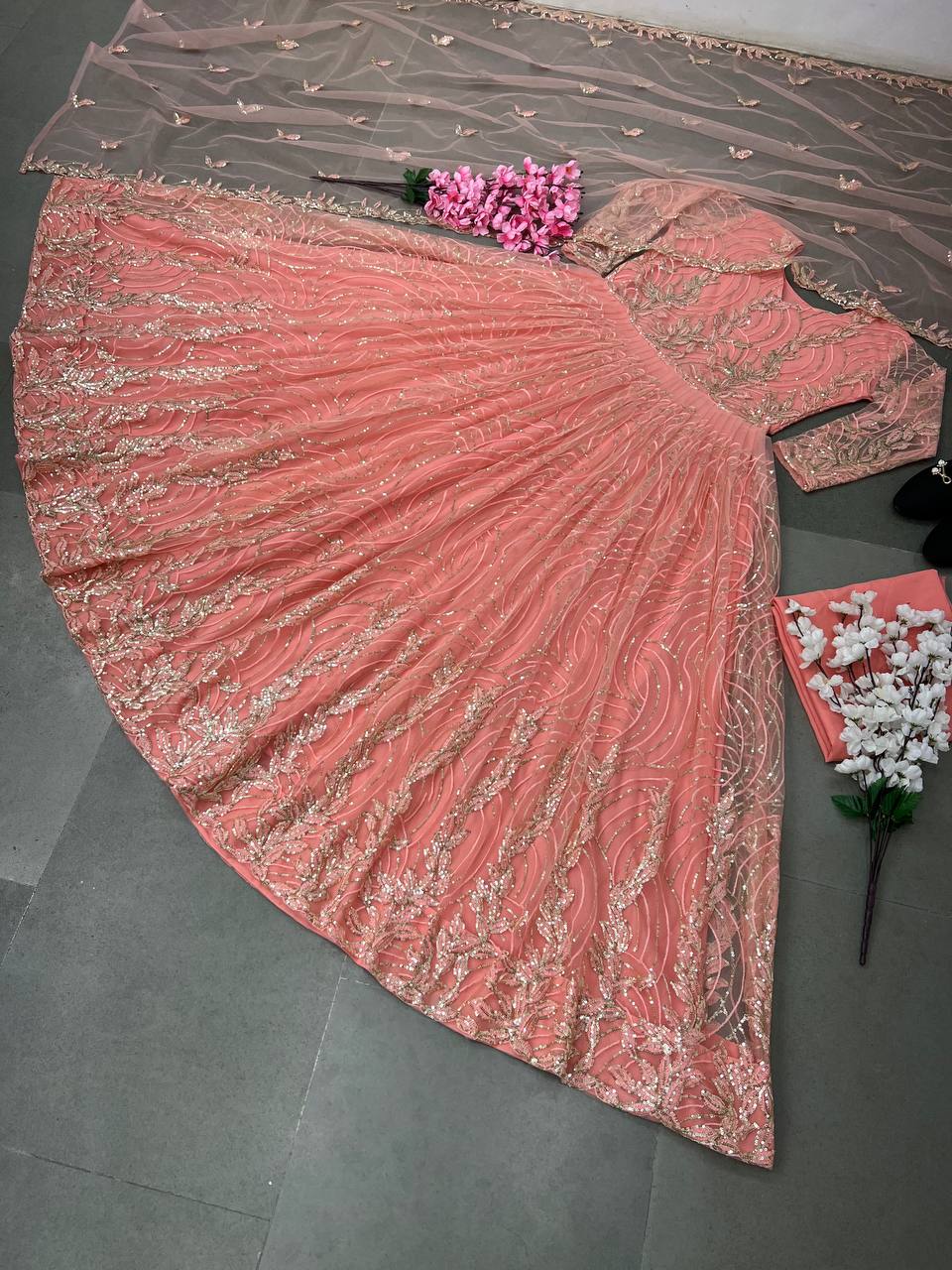 Gorgeous Shine Sequence Work Peach Color Gown
