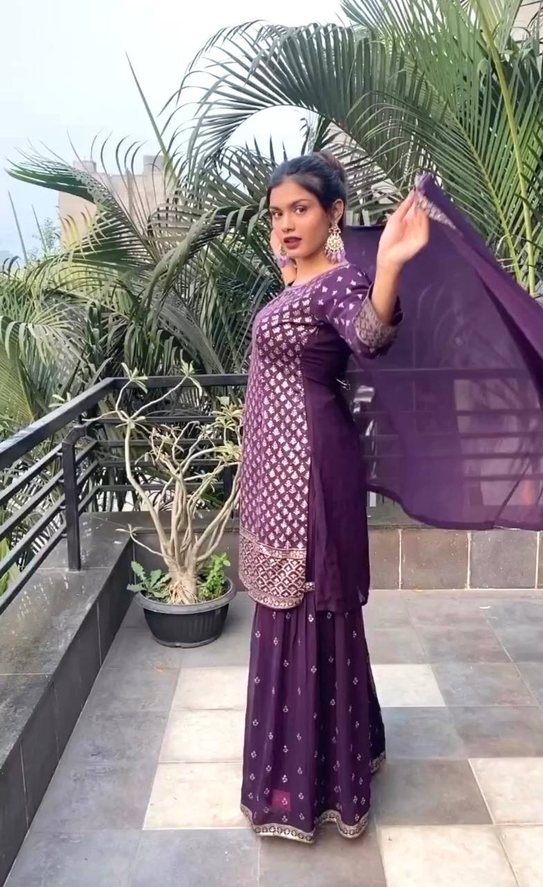Glimmering Purple Color Sequence Work Sharara Suit
