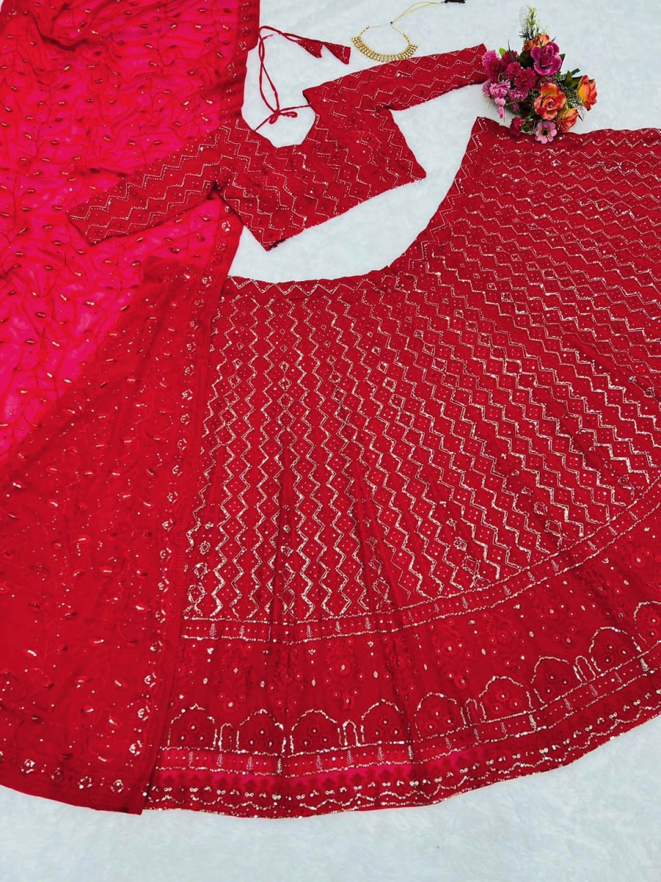Wedding Wear Red Color Lucknowi Lehenga Choli