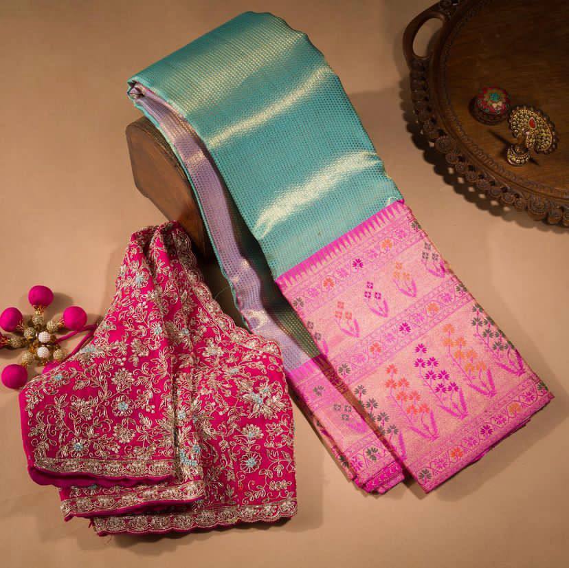 Banarasi Silk Aqua With Pink Border Saree With Work Blouse