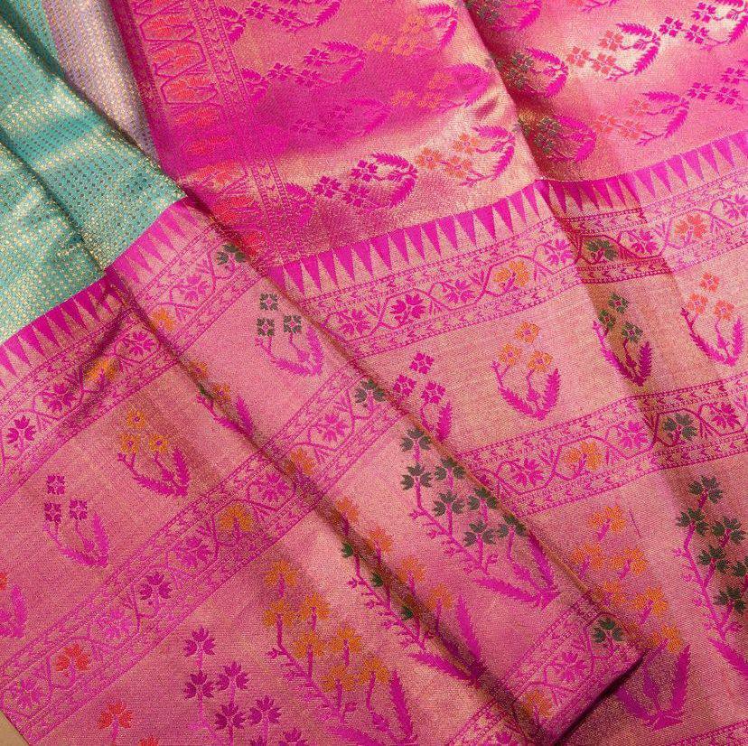 Banarasi Silk Aqua With Pink Border Saree With Work Blouse