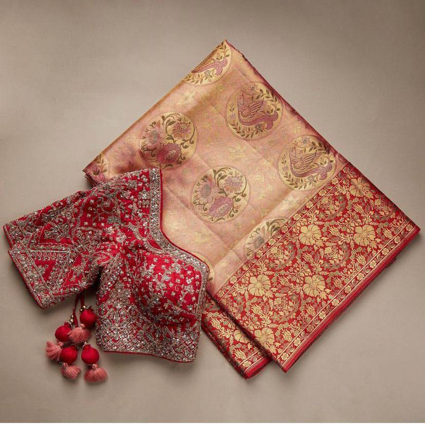 Outstanding Beige With Red Color Saree With Work Blouse