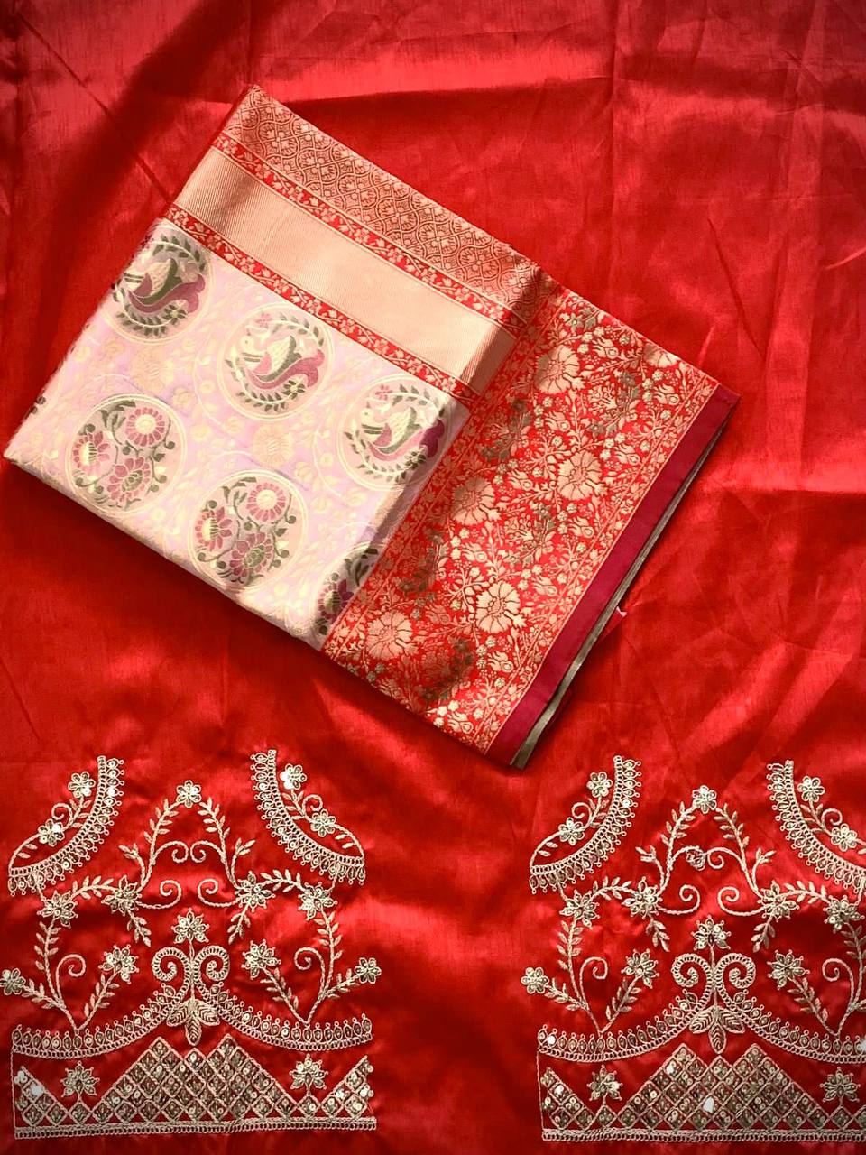 Outstanding Beige With Red Color Saree With Work Blouse