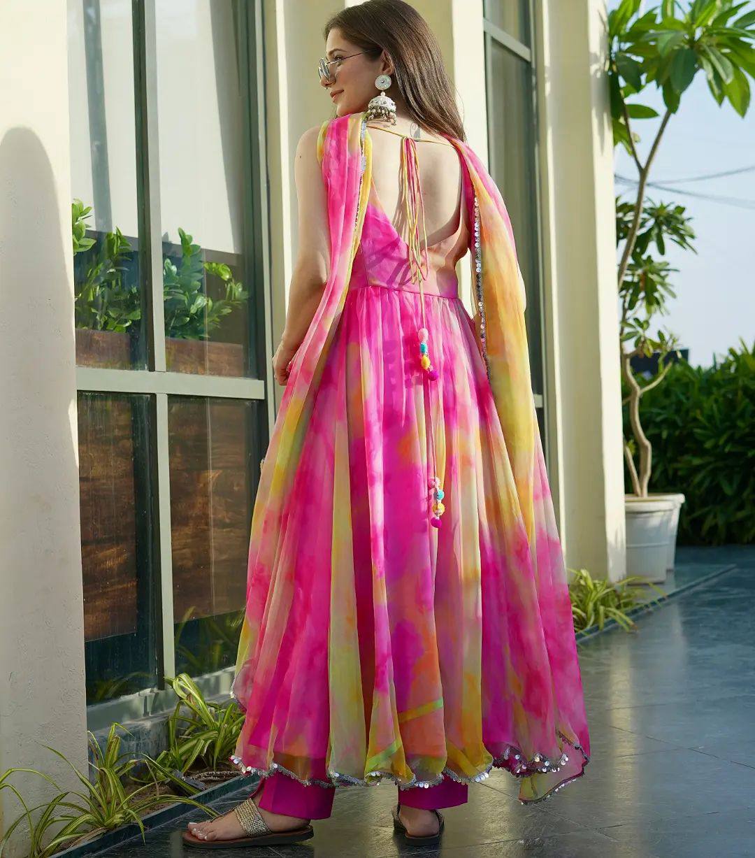 Pink With Multi Color Digital Print Work Gown