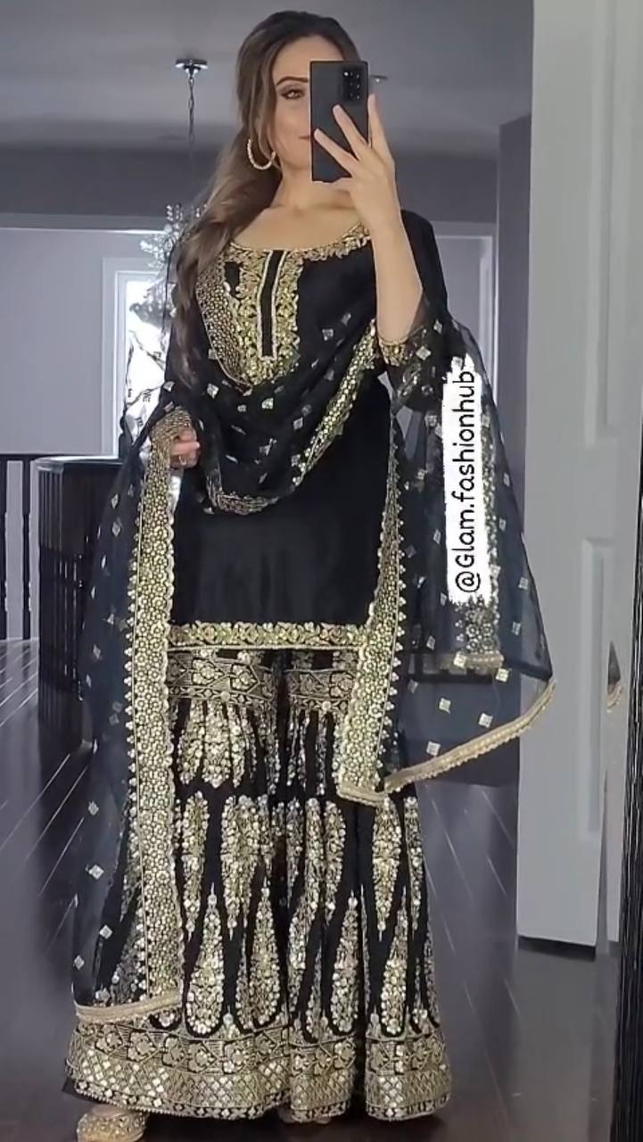 Glorious Black Color Embroidery Sequence Work Sharara Suit