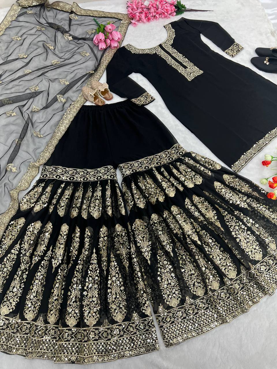 Glorious Black Color Embroidery Sequence Work Sharara Suit