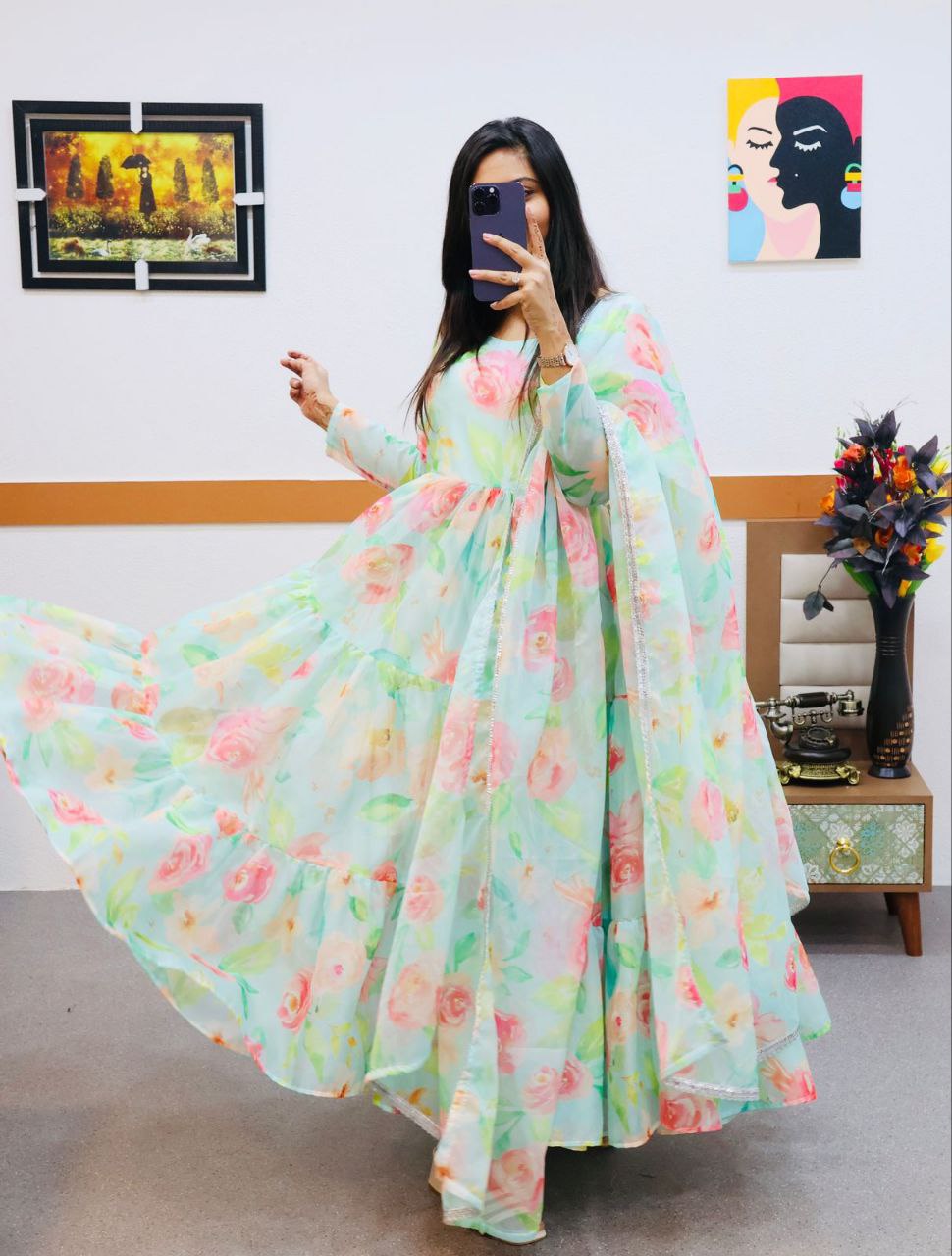Stunning Pista Green Organza Anarkali Gown