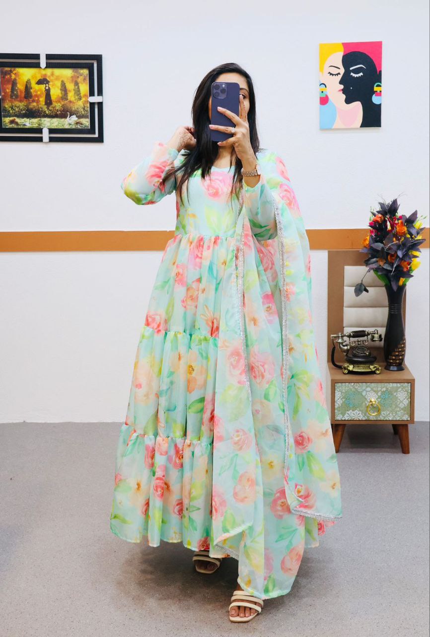 Stunning Pista Green Organza Anarkali Gown