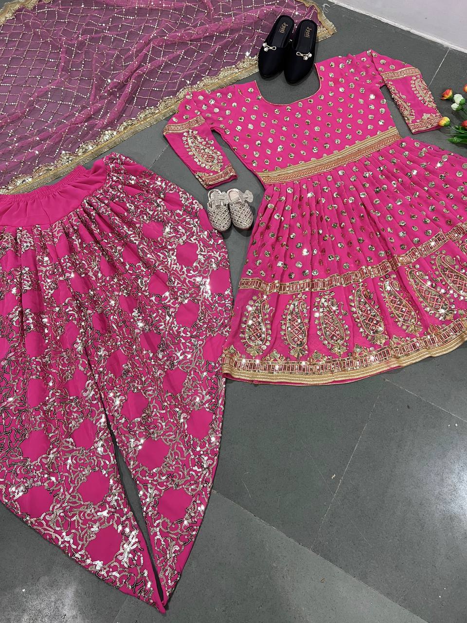 Shining Dark Pink Color Sequence Top With Dhoti