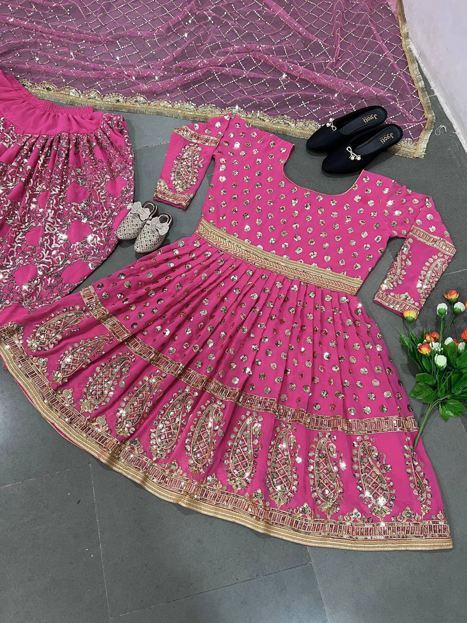 Shining Dark Pink Color Sequence Top With Dhoti