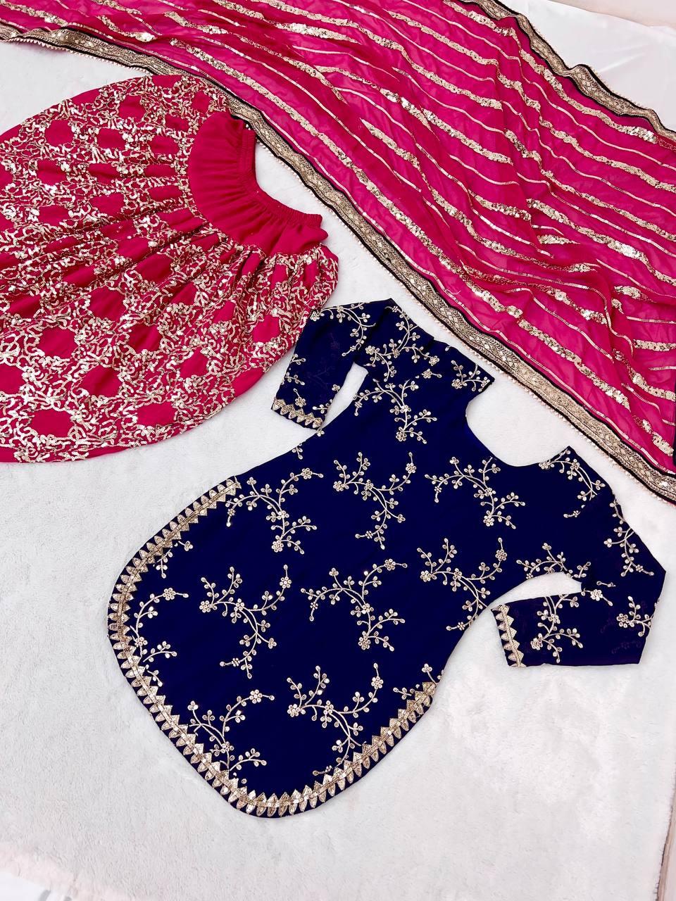 Punjabi Style Navy Blue And Pink Color Dhoti Suit