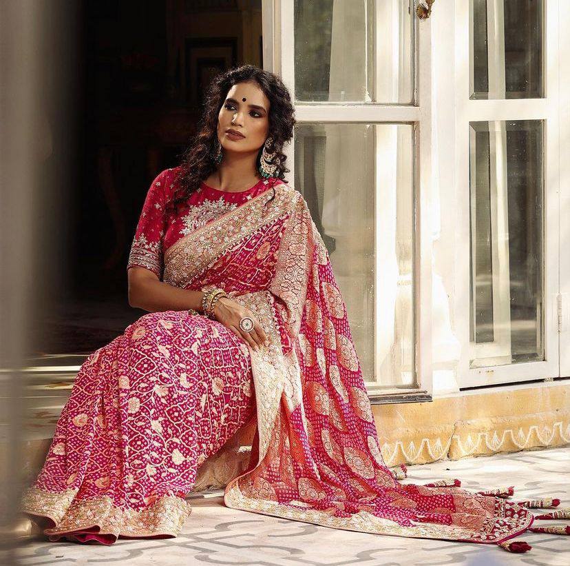 Pink Color Bandhani Print Banarasi Silk Saree