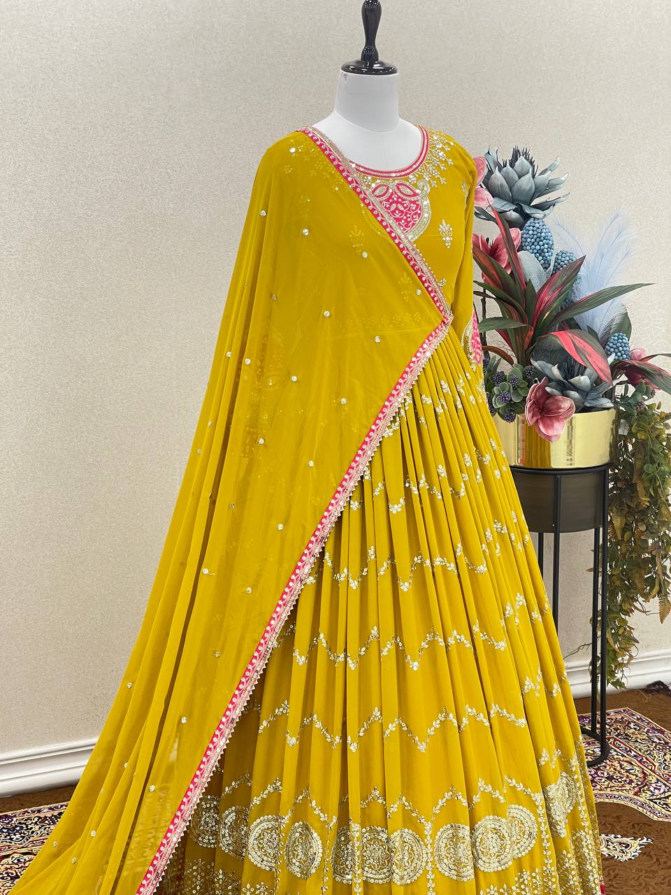 Luxuriant Yellow Color Sequence Work Gown