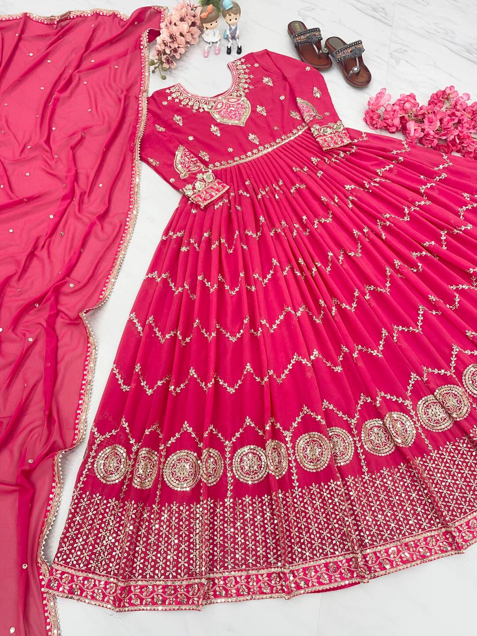 Luxuriant Pink Color Sequence Work Gown