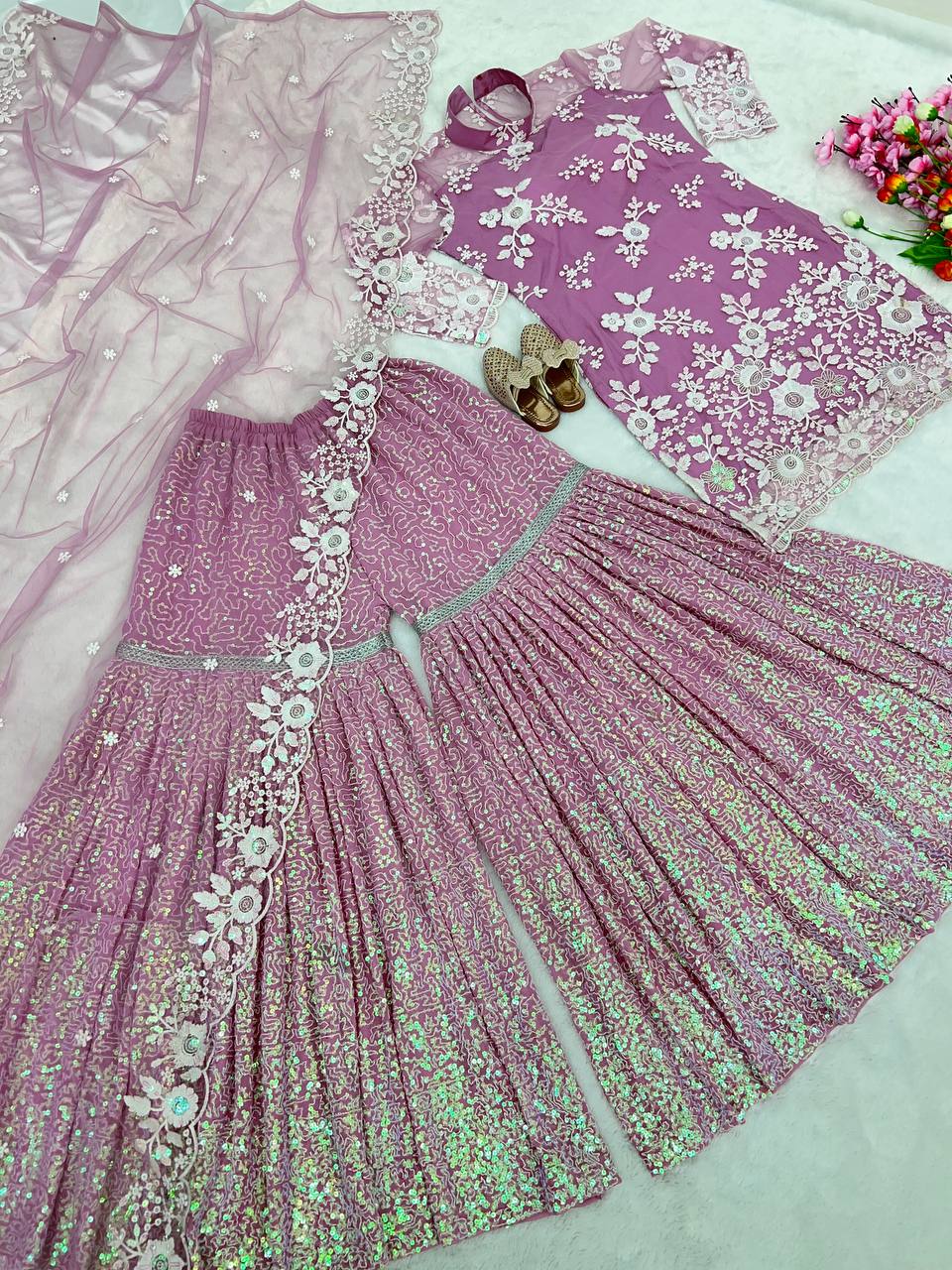 Dusty Pink Color Rainbow Sequence Work Sharara Suit