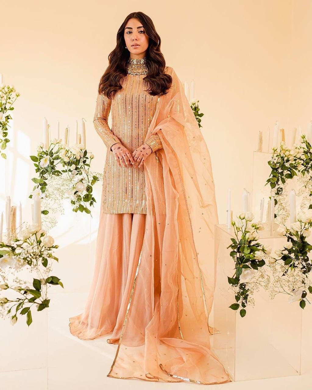 Glorious Light Peach Color Sequence Sharara Suit