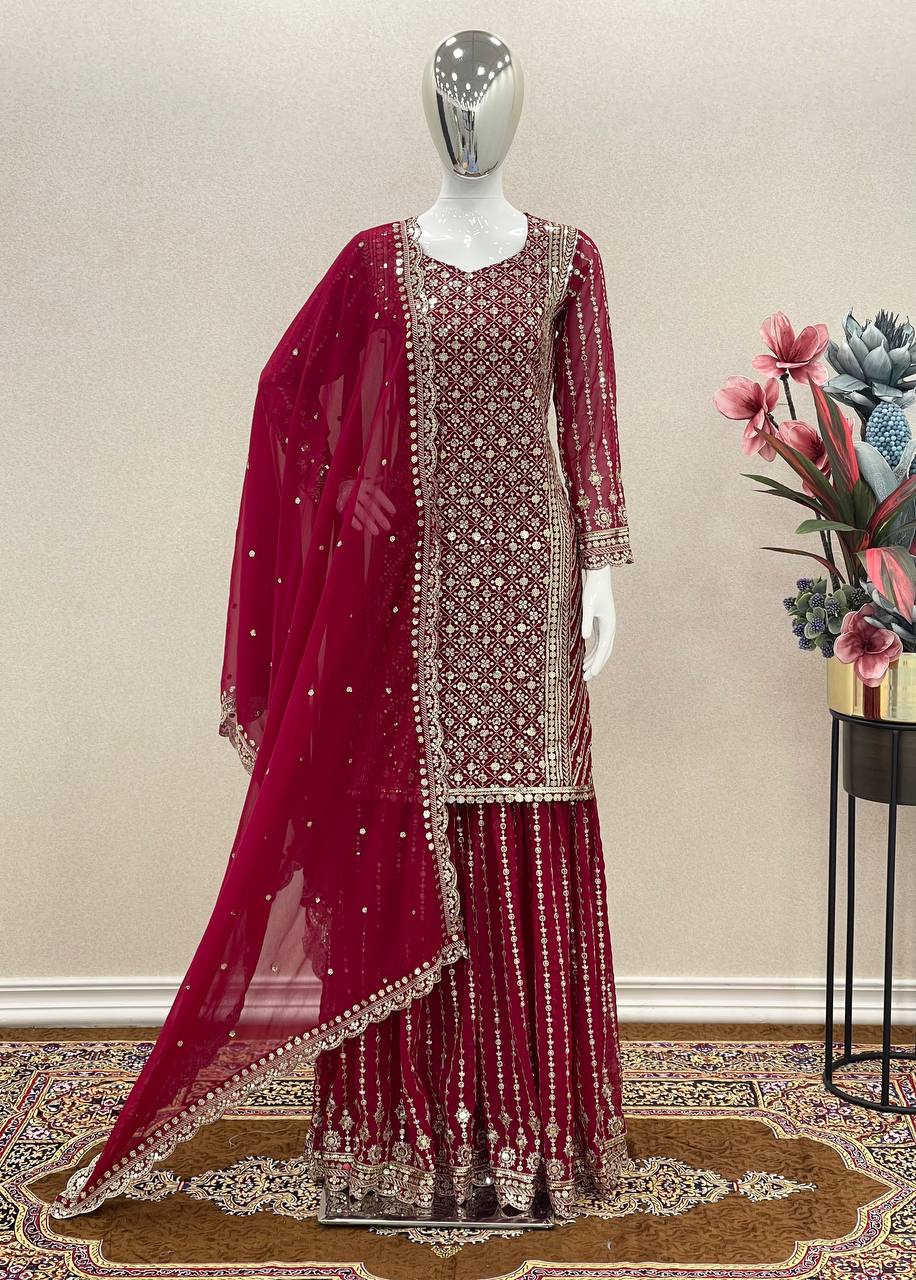 Dark Pink Color Embellished Sequence Sharara Suit