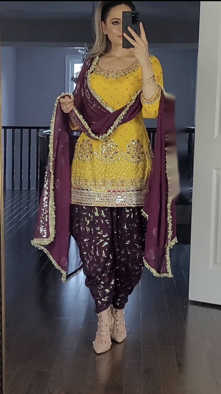 Trendy Yellow And Wine Color Sequence Work Dhoti Suit