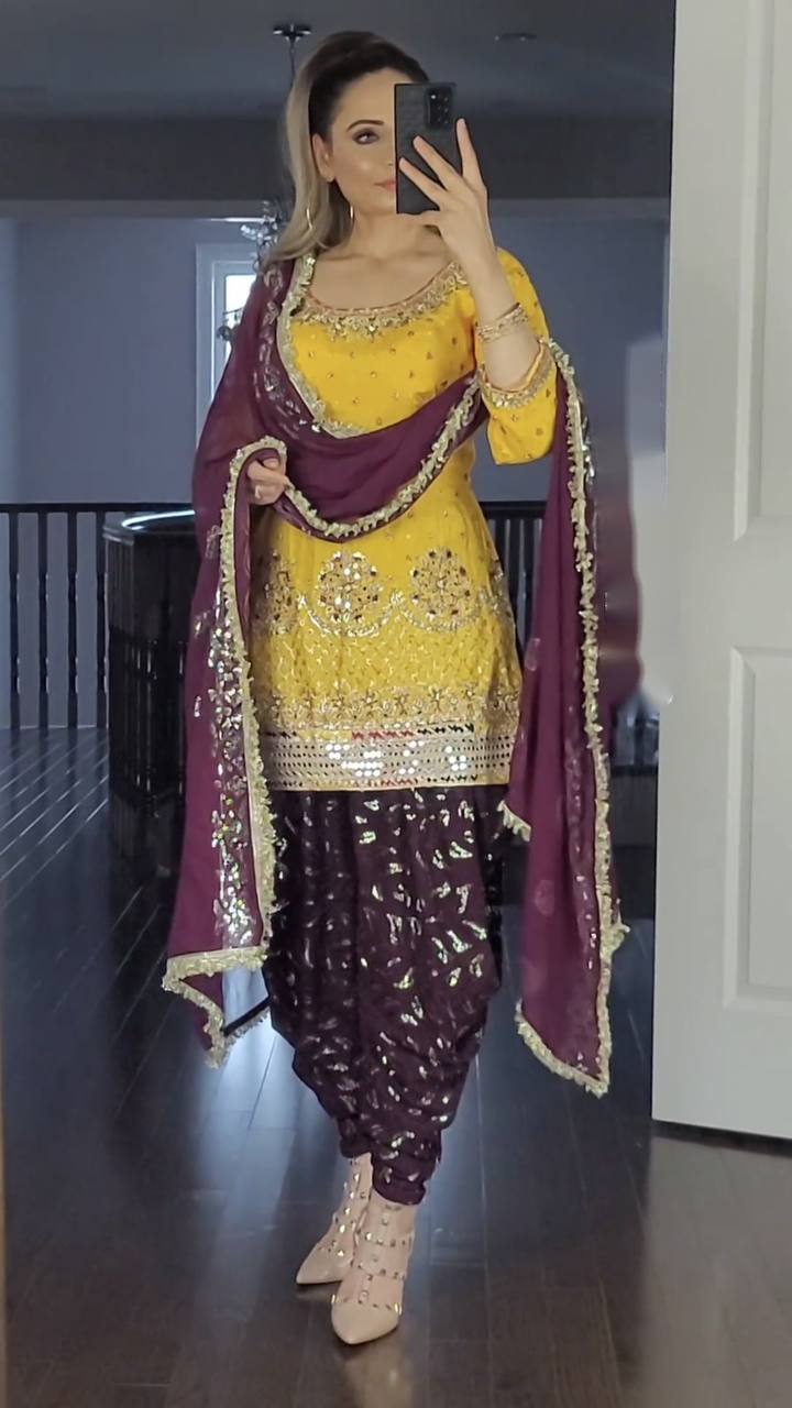 Trendy Yellow And Wine Color Sequence Work Dhoti Suit