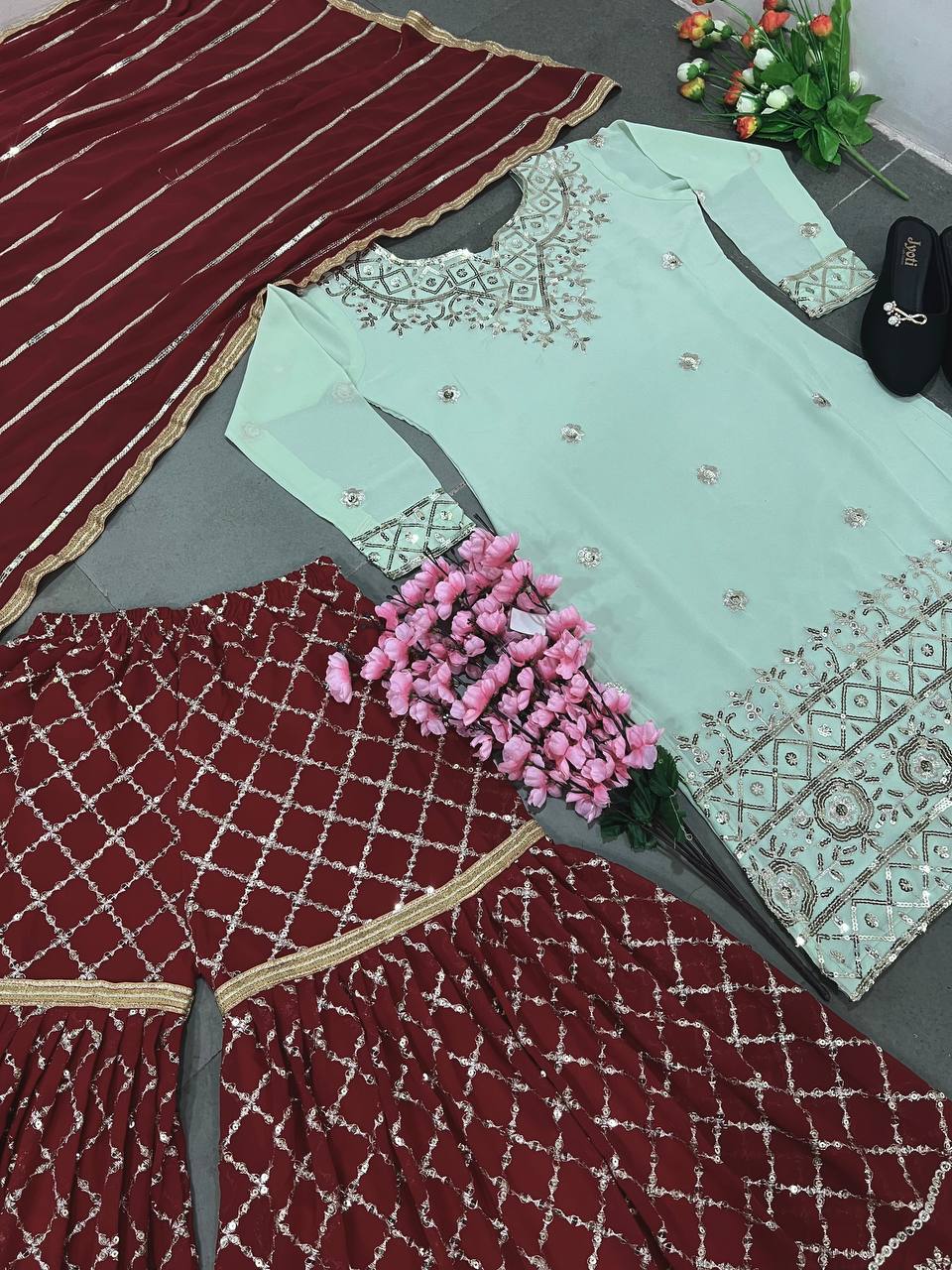 Pista And Maroon Embroidery Sequence Work Sharara Suit