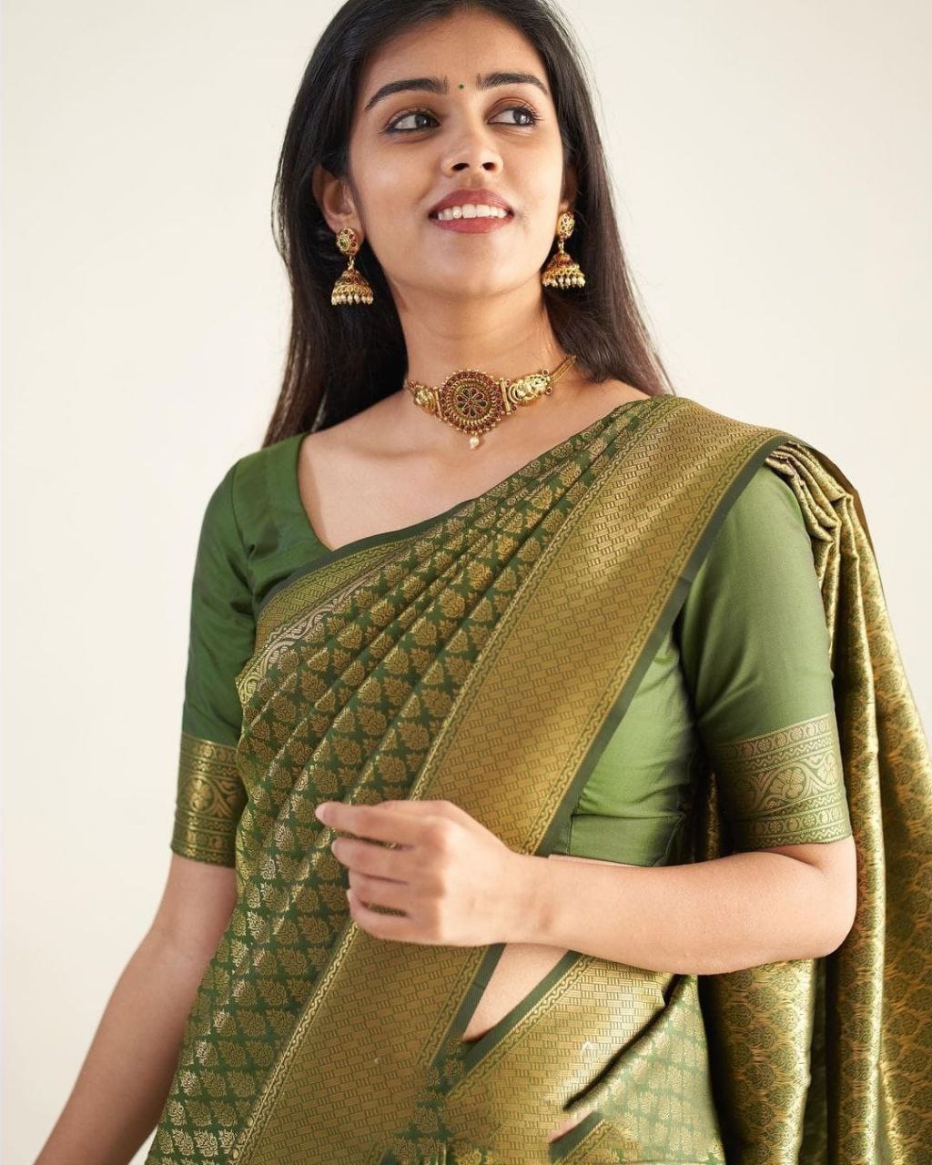 Mehndi Green Color Golden Jari Design Saree
