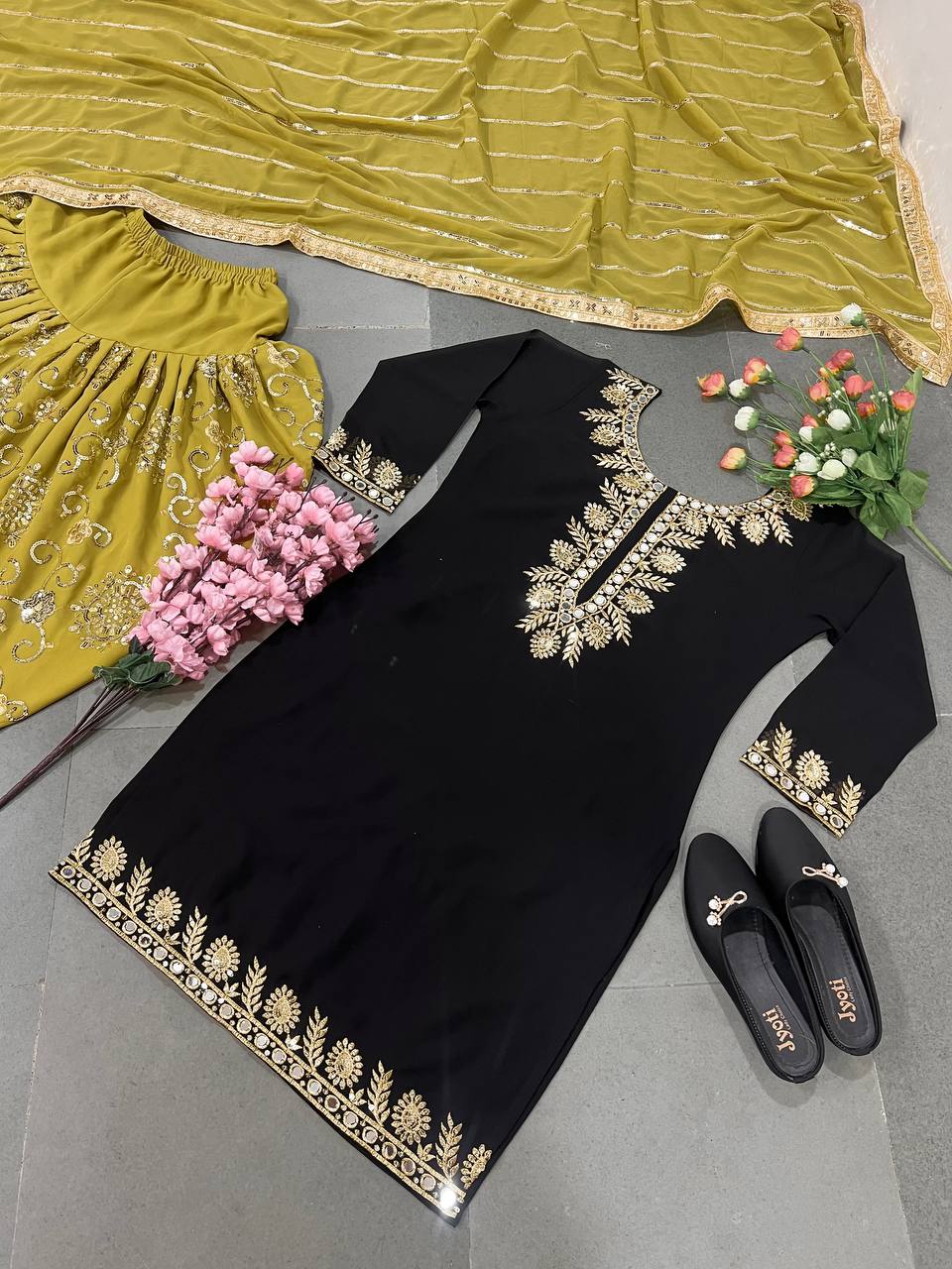 Mirror And Sequence Work Black Top With Yellow Dhoti