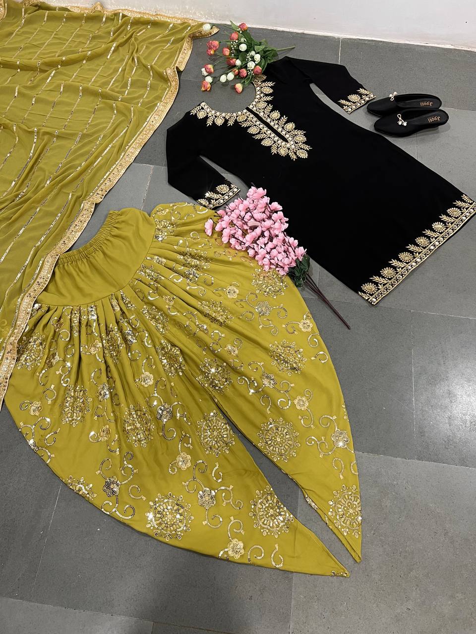 Mirror And Sequence Work Black Top With Yellow Dhoti