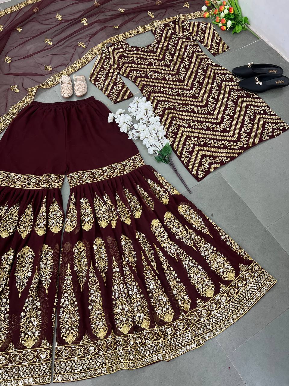 Heavy Sequence Work Dark Maroon Color Embellished Sharara Suit