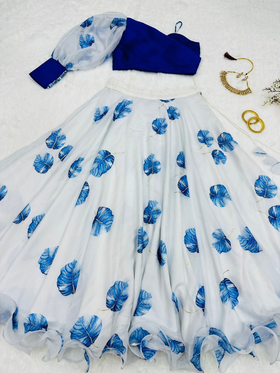 Fancy Style White With Blue Organza Lehenga Choli