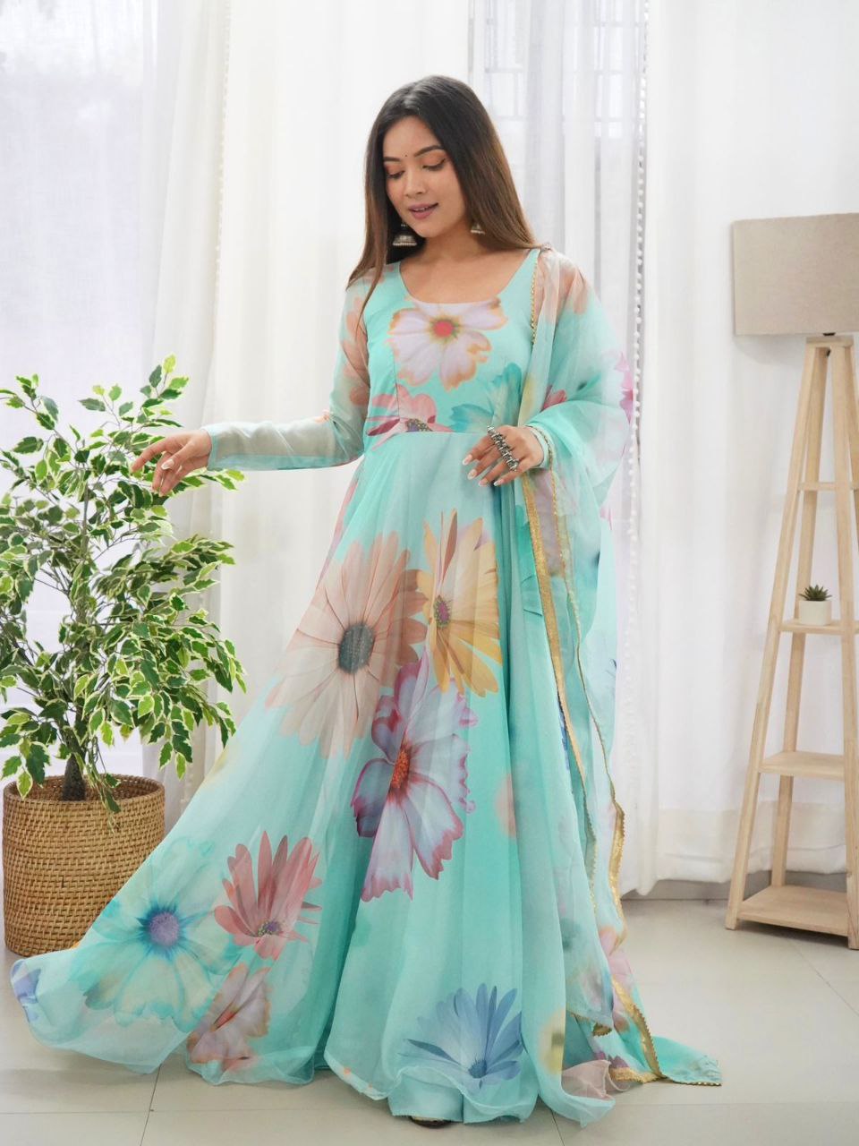 Admiring Sky Blue Color Digital Print Gown